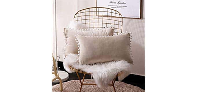 Lihio Throw Pillows Covers Decorative with Pom Poms Cushion Covers Velvet Rectangle Solid Color Soft Sofa Chair Home Set of 2,12x20 Inch Beige
