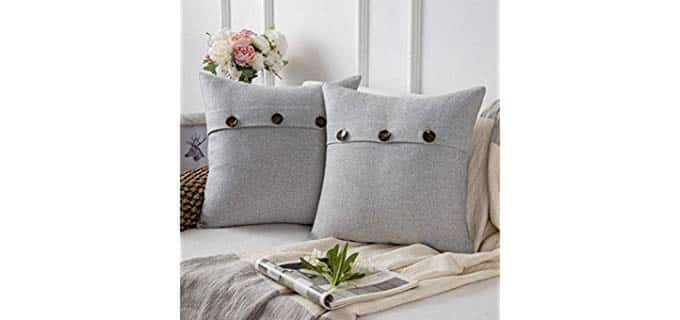Phantoscope Farmhouse Throw Pillow Covers Triple Button Vintage Linen Decorative Pillow Cases for Couch Bed and Chair Light Grey, 18 x 18 inches 45 x 45 cm, Pack of 2
