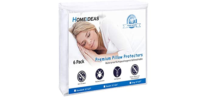 HOMEIDEAS 6-Pack Waterproof Pillow Protectors Zippered Queen Size - Breathable Pillow Encasement with Soft Polyester Fabric