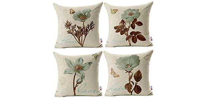 Monkeysell Pack of 4 Lotus Leaf Butterfly Flowers Pattern Cotton Linen Throw Pillow Case Boho Floral Printed Pillow Cushion Cover Home Sofa Decorative 18 X 18 Inch (Cushion Cover)