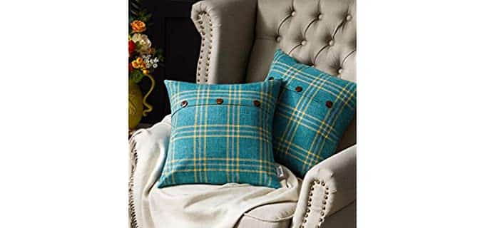 WESTERN HOME WH Decorative Farmhouse Throw Pillow Covers, Cushion Case Triple Button, Plaid Linen Pillowcase for Couch Sofa Bed 18 x 18 Inch, Set of 2, Teal Blue