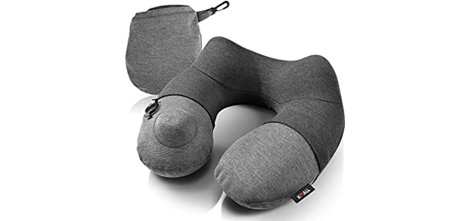 Kmall Inflatable Travel Neck Pillow for Airplane Travel Best Neck Support Sleep Travel Pillow with Super Comfort Pillow Case, Gray, 11.5x11.2x5.1 inches