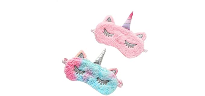 Quadow Unicorn Sleeping Mask, 2 Pack Girls Soft Plush Blindfold Mask, Cute Unicorn Kids Sleep