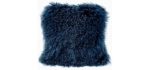 KumiQ 100% Real Mongolian Lamb Fur Curly Wool Pillow Cushion,Home Decorative Sheepskin Throw Pillow with Insert Included,16x16in,Blue