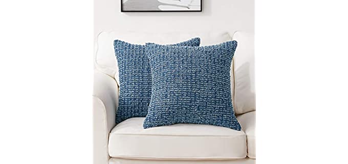 Longhui bedding Crochet Cotton Denim Navy Blue Throw Pillow Cover, 18 x 18 Decorative Pillows Cushion Covers for Couch Sofa Bed, Zipper Closure, Set of 2, Dark Blue