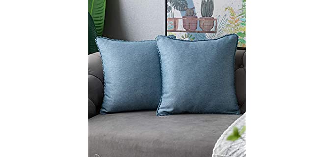 WLNUI Set of 2 Denim Blue Pillow Covers 18x18 Inch Rustic Cute Pom Poms Decorative Throw Pillow Covers Square Cushion Case for Farmhouse Home Couch Sofa Decor
