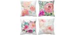 Emvency Set of 4 Throw Pillow Covers Peonies Summer Watercolor Floral Pink Flower Girly Pastel Mint Colorful Decorative Pillow Cases Home Decor Square 18x18 Inches Pillowcases