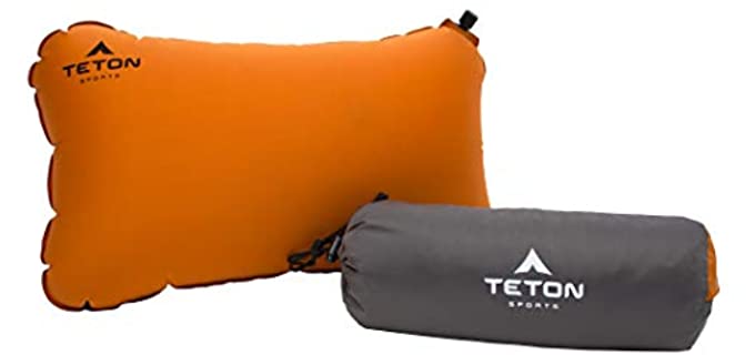 TETON Sports ComfortLite Self-Inflating Pillow; Support Your Neck and Travel Comfortably; Take it on the Airplane, in the Car, Backpacking, and Camping; Washable; Stuff Sack Included, Orange, 18 x 10 x 4-Inch