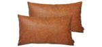 HOMFINER Set of 2 Thick Faux Leather Lumbar Throw Pillow Covers 12x20, Modern Farmhouse Boho Small Long Accent Scandinavian Decor Rectangle Decorative Cushion Cases for Couch Bed Sofa Cognac Brown