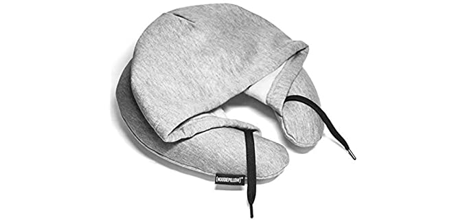 HoodiePillow Inflatable Neck Pillow for Airplane Travel, Car, Train or Relaxing at Home. Compact, Comfortable for Your Neck and Includes Privacy Hood - Gray