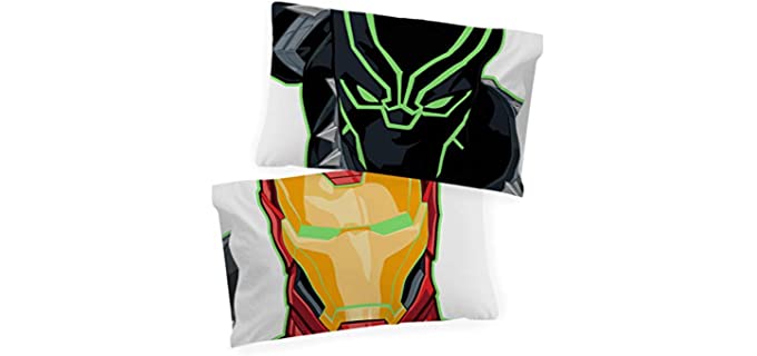 Marvel Avengers Night Life Glow in The Dark 2 Pack Reversible Pillowcases Features Black Panther & Iron Man - Double-Sided Kids Super Soft Bedding (Official Marvel Product)