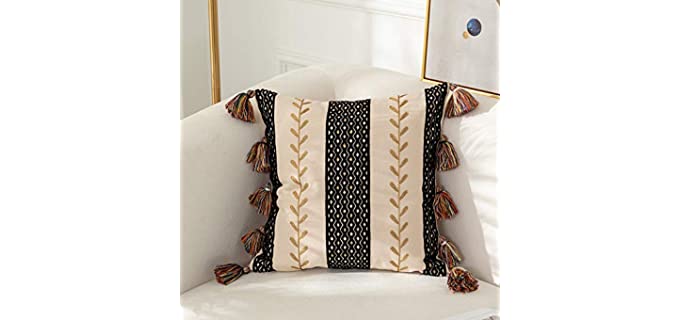 Sungea Boho Moroccan Decorative Embroidered Throw Pillow Cover,Gold Leaf with Geometric Design Tassel Cushion Case for Couch Sofa Bed Accent (18x18 inch)