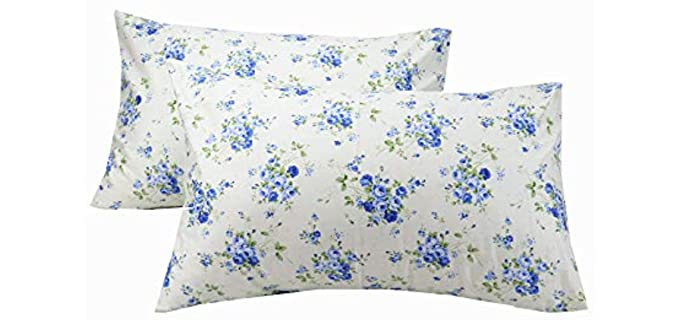 YIH Blue Floral Pillowcase for Hair, 100% Cotton Standard Pillow Shams, Set of 2, 20x30 inches