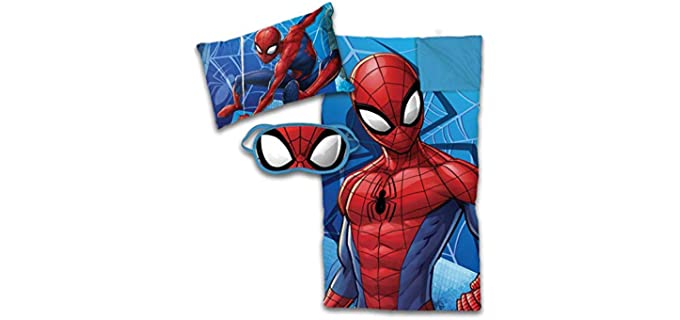 Marvel Spiderman 3 Piece Sleepover Set - Cozy & Warm Kids Slumber Bag with Pillow & Eye Mask (Official Marvel Product)
